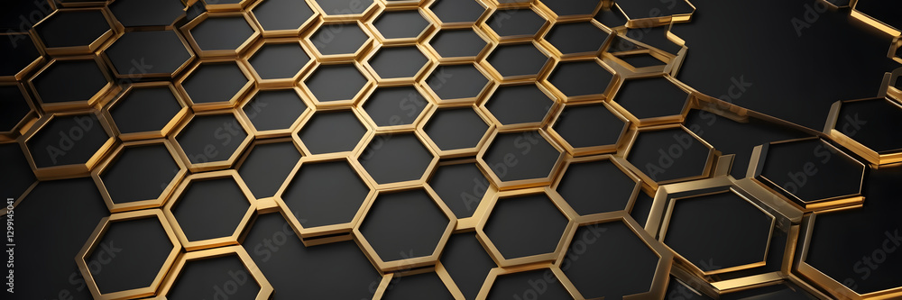 Poster golden hexagon abstract: a mesmerizing abstract pattern of interlocking gold hexagons against a dark