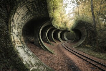 Naklejka premium In a dreamlike scene, winding train tracks curve through vibrant greenery, set against a mesmerizing natural backdrop.