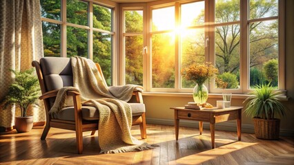 Fototapeta premium Creating a serene elderly retreat with wooden furniture soft knitted blankets and gentle sunlight in a peaceful living space