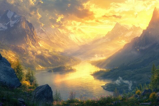 Golden sunset illuminates a serene mountain valley with a calm river flowing through lush greenery.