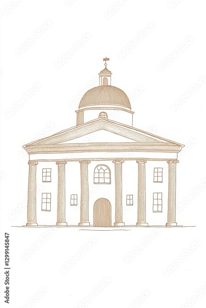 Poster sepia drawing of a classical church building with columns and dome building sketch illustration desi