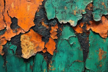Obraz premium Abstract texture of peeling paint in shades of teal and orange, revealing layers of dark undercoat.