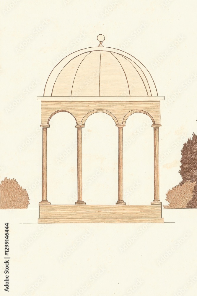 Poster sepia drawing of a gazebo in a garden setting with trees and plants in background and in close up wi