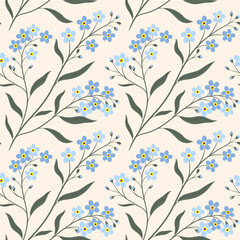 Seamles pattern with bunch of blue forget me not flowers and green leaves on light beige background. Vector editable background. © Анна Шевчук