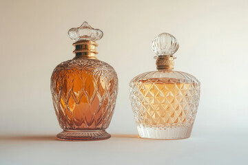 Two ornate, vintage perfume bottles with gold detailing and diamond-cut glass.