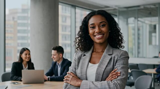 African American businesswoman in a blazer leading a corporate meeting in the office, representing CEO, manager, and executive roles in a startup environment.