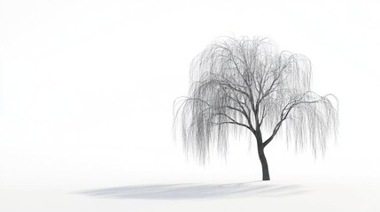 Solitary weeping willow in snow-covered landscape