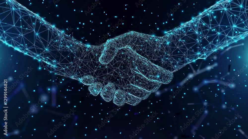 Poster digital handshake concept with a futuristic style, showcasing interconnected networks. overhead came