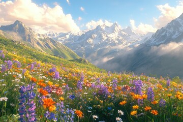 Fototapeta premium Vibrant wildflowers bloom in a lush alpine meadow, nestled amidst majestic snow-capped mountains under a sunny sky.