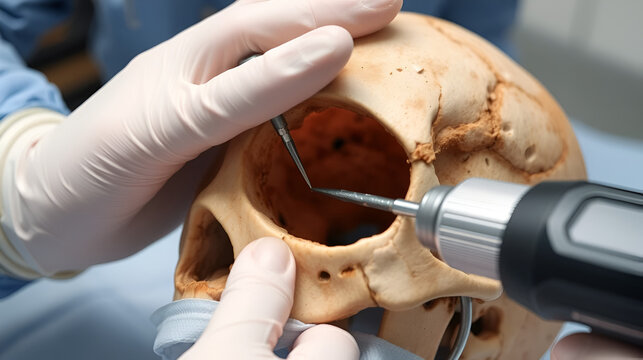 Closeup of surgeon's hand, drill and electric drill during hole in skull. trepanation of the skull.