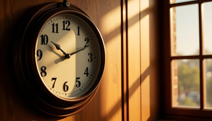 Vintage clock on wooden wall with sunlight streaming in
