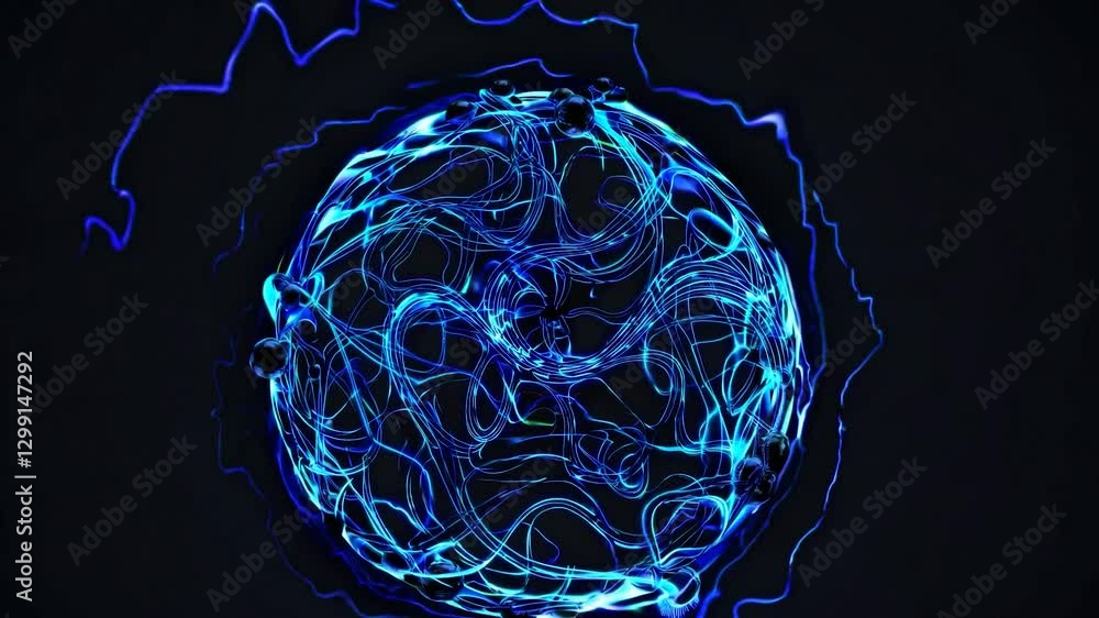 Poster complex blue energy sphere rotating in dark space with swirling light trails and dark spheres attach