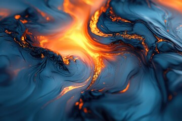 Abstract artwork depicting swirling lava flows, fiery orange and deep blue hues create a mesmerizing texture.