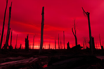 A haunting red sky looms over a desolate, post-war battlefield, capturing a somber atmosphere of destruction and aftermath