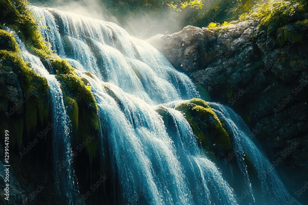 Poster serene waterfall cascading down mossy rocks, sunlit mist creating a magical atmosphere.