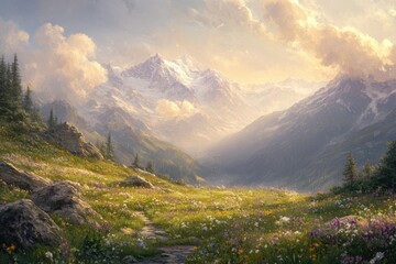 Fototapeta premium Serene alpine meadow bathed in golden sunlight, wildflowers bloom at the foot of majestic snow-capped mountains.