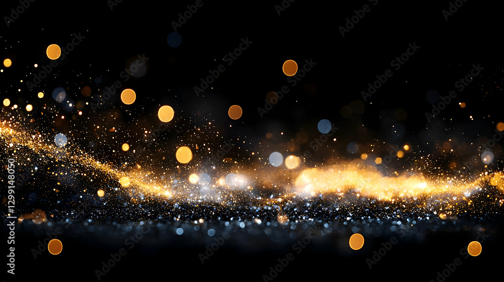 Wall mural abstract golden sparkle dust with bokeh effect on black background for festive design