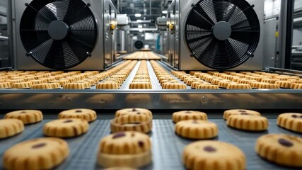 Cookie production line with chocolate chip cookies and industrial equipment