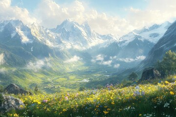 Serene alpine valley bathed in sunlight, vibrant wildflowers bloom in foreground, majestic snow-capped mountains in background.