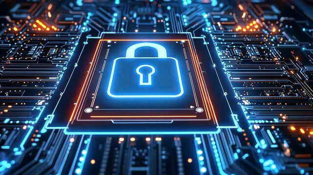 Glowing blue padlock icon embedded in a high-tech printed circuit board, data protection and technology security