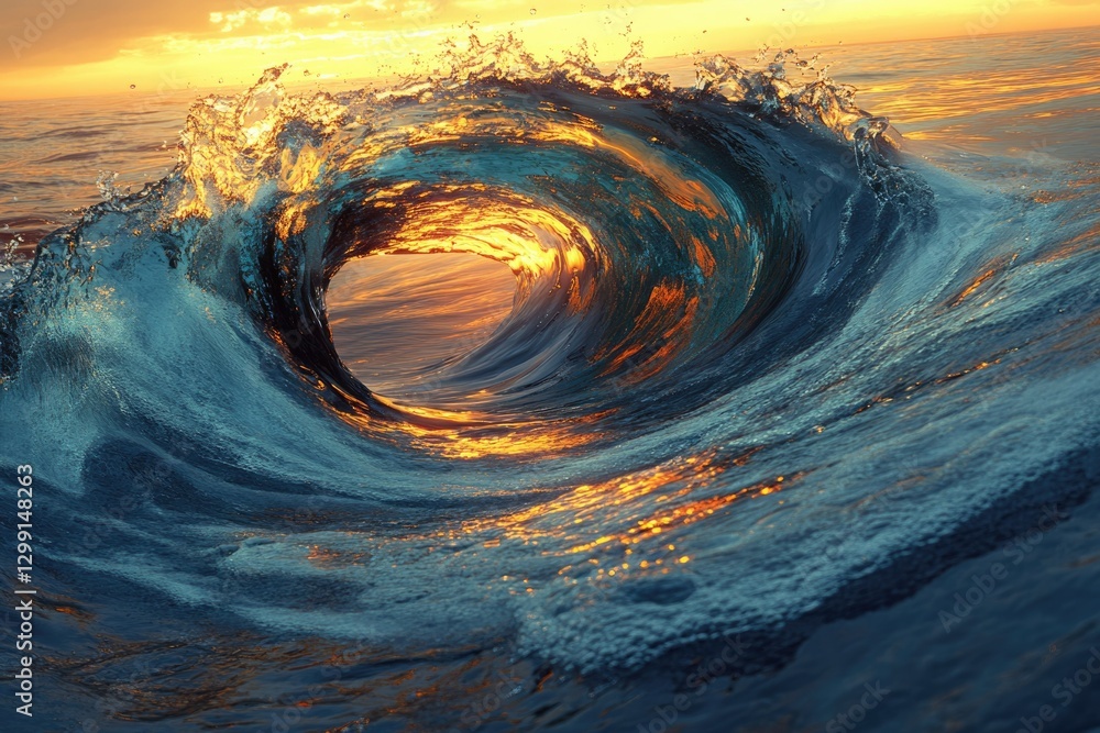Poster a majestic ocean wave curls, creating a mesmerizing tunnel of golden sunset light.