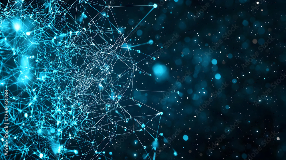 Poster abstract digital network connection displaying data points and glowing light against blue background