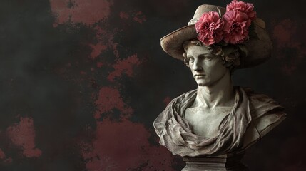 Obraz premium A beautifully crafted bust of a woman adorned with an elegant hat, embellished with vibrant flowers. The intricate details highlight her serene expression and graceful features.