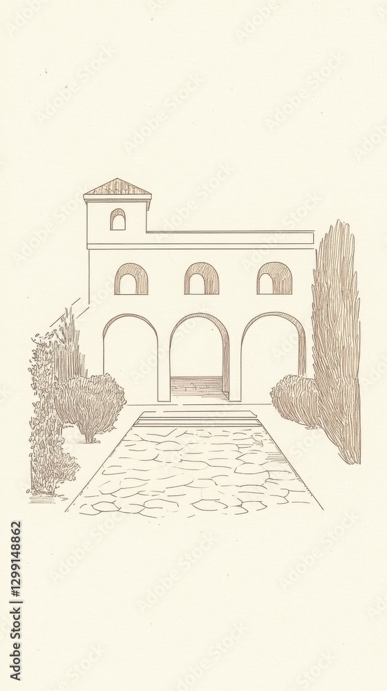 Poster sepia drawing of a historical stone building with arches and pathways in a garden setting with trees