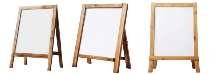 Set of Edged layered-style wooden A-boards with a white board and blank space for text, isolated on a transparent PNG background