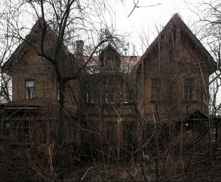 old wooden mansion in english victorian style covered with grapes, ivy on the territory of timiryazev academy. house of schroeder and williams covered with wild grapes