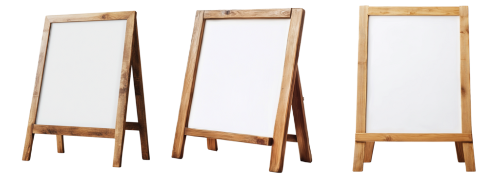 Set of Edged layered-style wooden A-boards with a white board and blank space for text, isolated on a transparent PNG background