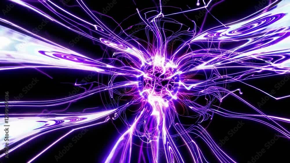 Poster bright purple and pink energy sphere exploding with glowing light trails on a black background, crea