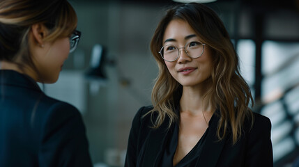 Two professional businesswomen engaged in a friendly and productive conversation in a modern office environment, discussing corporate strategies, teamwork, and business growth while maintaining a conf