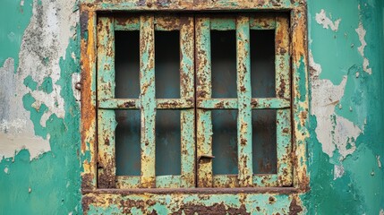 Rusty window with teal paint on weathered wall