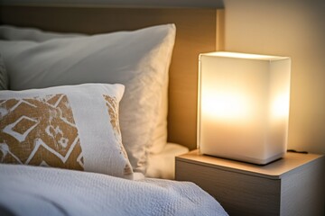 Bedroom bedside table lamp glowing softly