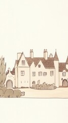 Obraz premium Sepia Drawing Of A Large Stone House With Lush Gardens and Landscaping Exterior Design. Architectural Illustration. Exterior Of Building. Old House Drawing. Historical Home. Elegant Drawing. Vintage