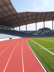 An image of an empty track and field stadium with a red running track and green field. The stadium is lit by the sun and there are no people in it.