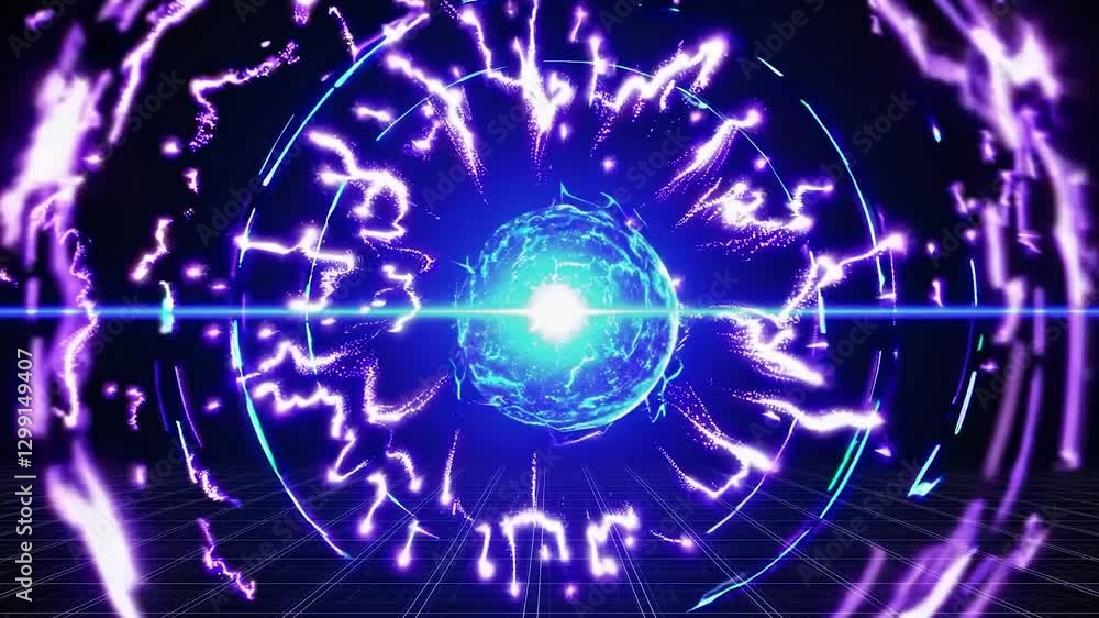 Poster purple electric arcs rotating around a blue energy sphere in a digital world with a grid, creating a
