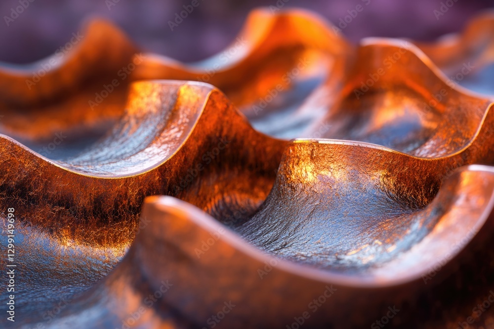 Poster close-up of a metallic surface with undulating, bronze-like texture, illuminated by warm light.