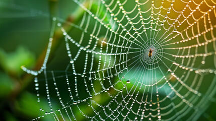 Fototapeta premium A close up of a spider web decorated with tiny water droplets.