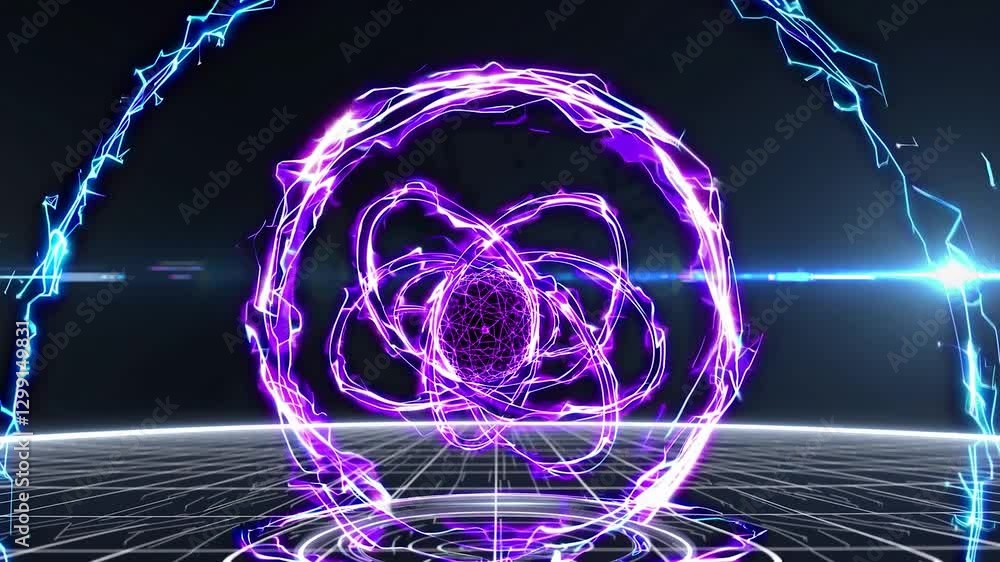 Poster purple and blue atom rotating and generating energy with lightning bolts around it in a technologica