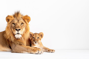 Obraz premium A proud lion lying down with two young cubs beside him, all gazing towards the camera against a clean white background, emphasizing their strong bond, elegance, and natural beauty. Copy space 