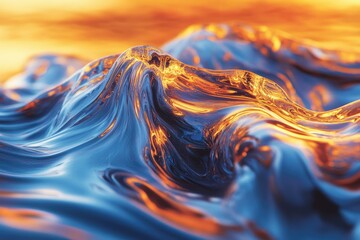 Abstract liquid art depicting swirling, metallic waves illuminated by a fiery sunset, evoking a sense of fluidity and energy.