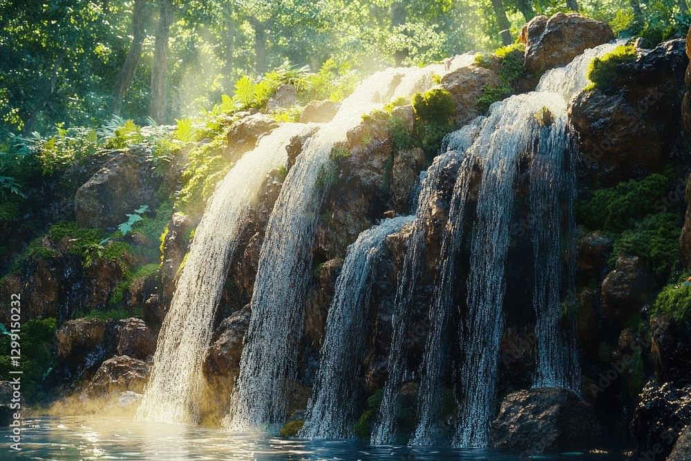 Poster serene waterfall cascading down mossy rocks in a sun-dappled forest, creating a tranquil scene.
