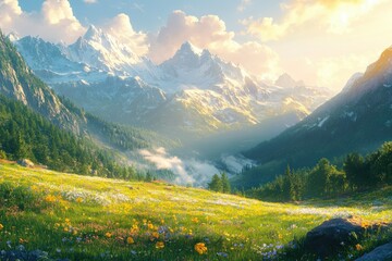 Sunlit alpine meadow blooms vibrantly against a majestic backdrop of snow-capped mountains.