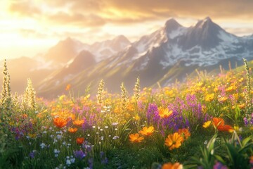 Fototapeta premium Vibrant wildflowers bloom in a sun-drenched alpine meadow, majestic mountains forming a breathtaking backdrop.
