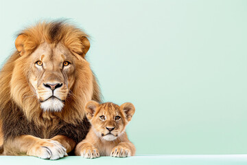 A majestic male lion with a golden mane resting beside his young cub, both gazing forward against a soft pastel background, symbolizing strength, family, and the beauty of wildlife. Copy space 