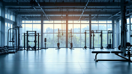 Spacious Gym Interior with Workout Equipment and Large Windows Filled with Daylight