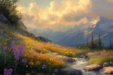 Serene mountain landscape with vibrant wildflowers blooming alongside a gentle stream.