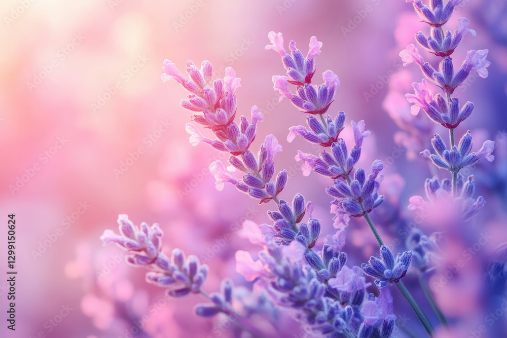 Poster Close-up of vibrant purple lavender flowers bathed in soft sunlight, creating a serene and calming image.